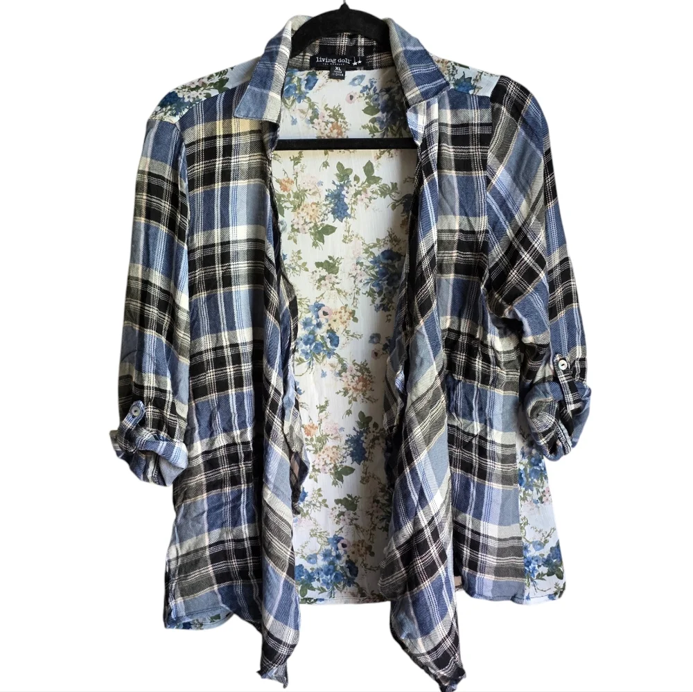 Living Doll Los Angeles Open Front Floral Blue Plaid Cardigan Size XL